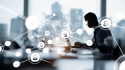 Aufkleber - Networker: Silhouette of person working on laptop, connected through a digital network, represents a modern professional in the digital age.