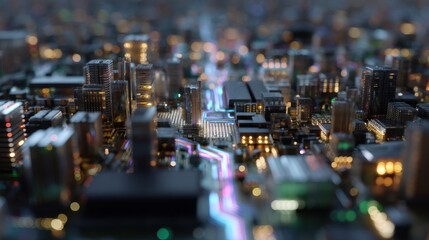 Poster - Futuristic microscopic view inside a computer chip resembling a high-tech cityscape