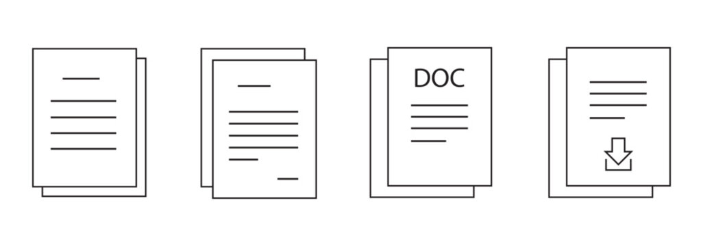 Set of document related line icons. File, page, form, report, search, list etc. Editable stroke. Vector illustration. Eps 10