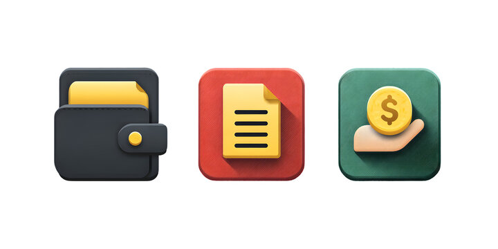 A set of stylized icons representing wallet, documentor files,  and money payment, commonly used in digital interfaces for file management, data, or office applications. Png Transparent Background.