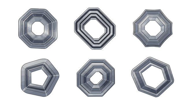Six stylized, geometric shapes with central openings, arranged in a grid pattern, rendered in a metallic silver tone against a white background.