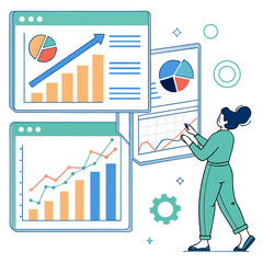 Poster - Woman analyzing data on multiple screens with charts, graphs, and financial analysis indicators displayed