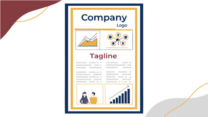 Poster - Company document with logo tagline charts and people in a blue and yellow border on a white background