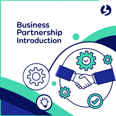 Poster - Illustration of a business partnership introduction with handshake gears and lightbulb on a white background