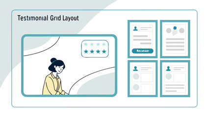 Poster - Illustration of a testimonial grid layout with a woman and star rating system in a modern design style