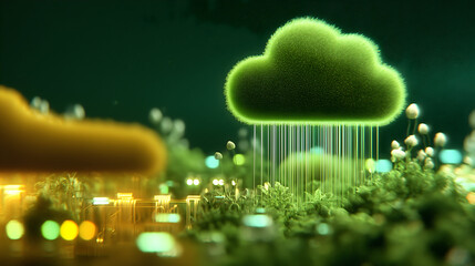 Aufkleber - A glowing green cloud in digital form rains data streams over a futuristic circuit board landscape.