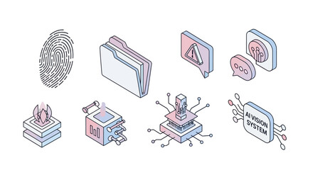 Set of isometric icons representing artificial intelligence, data processing, and cybersecurity. AI vision system and biometrics.