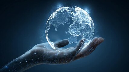 Poster - World in Hand: A digital representation of the world, held gently in a human hand, symbolizes global connection, technological innovation, and environmental stewardship. 