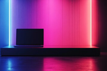 Poster - Empty laptop on a dark platform with neon lighting.