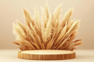 Poster - Wooden podium display with pampas grass.