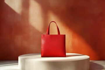 Poster - Red leather tote bag displayed on a podium.