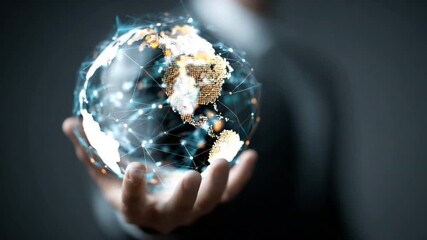 Aufkleber - Global Connectivity: An executive, gracefully holds a glowing globe interconnected with vibrant data streams, symbolizing global business, innovation, and the digital age.