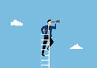 © Orapun - Businessman holding a telescope standing on the ladder looking for success, Searching new business goals, Finding ambition and motivation concept vector illustration.