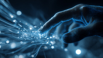Poster - A close-up of a hand interacting with glowing digital fibers, symbolizing the connection between technology and human touch.