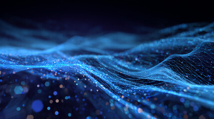 Poster - A mesmerizing abstract representation of flowing digital waves with luminous particles, showcasing innovation and modernity.