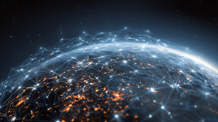 Poster - A stunning digital visualization of Earth with illuminated connections representing global networking and communication.