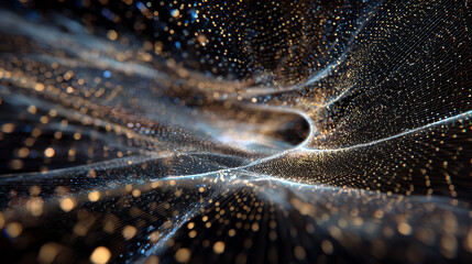 Poster - Abstract digital art piece featuring flowing lines and glowing particles in a futuristic space environment.