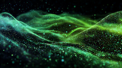 Poster - Abstract representation of digital waves, evoking a sense of movement and energy with vibrant green particles against a dark backdrop.