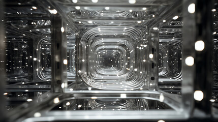 Poster - Abstract view of mirrored cubes creating an infinite space with glowing lights reflecting vivid patterns.