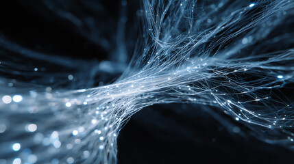 Aufkleber - Futuristic abstract strands of glowing fibers intertwining with soft blue light against a dark background, representing advanced technology.