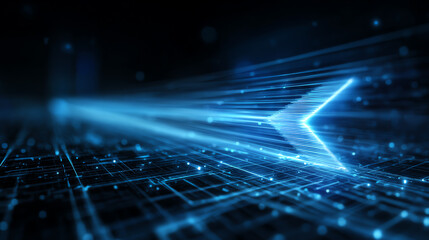 Aufkleber - Futuristic blue digital arrow on a grid background, representing innovation, speed, and high-tech advancements in technology.