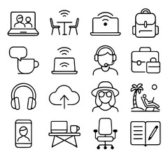 Poster - An artistic collection of line icons showcasing digital devices and work-life balance concept. Including laptop, wifi, headphones and travel bag, etc. 