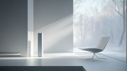 Poster - Modern minimalist interior design with a view of a winter forest.