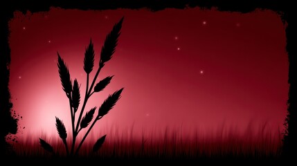 Wall Mural - Silhouette of tall grass and wheat stalks against a gradient red sky with subtle glowing orbs