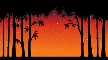 Wall Mural - Silhouette of bamboo forest against a vibrant orange and red speckled sky
