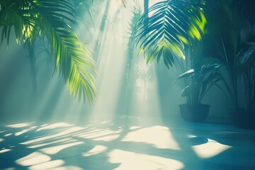 Poster - Sunlight streams through tropical foliage, illuminating a tranquil indoor space.
