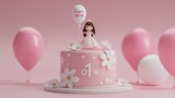 Pink birthday cake with a princess figurine