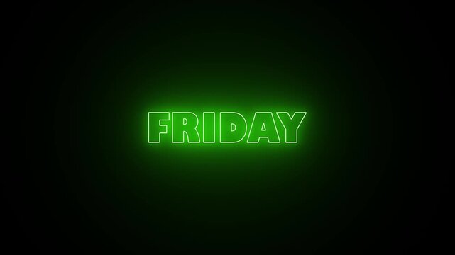 Glowing neon lines Friday text animation on black background. Seamless loop. 7 days a week name Friday neon effect text animation.