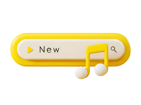 An illustration of a web search bar with a New button, a play symbol, and a music note floating. Vector design element for a social media post or banner. Minimalistic 3D style.