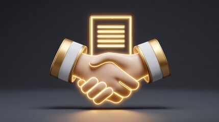 Poster - A stylized handshake graphic symbolizes partnership and agreement, featuring elegant hands and document imagery.