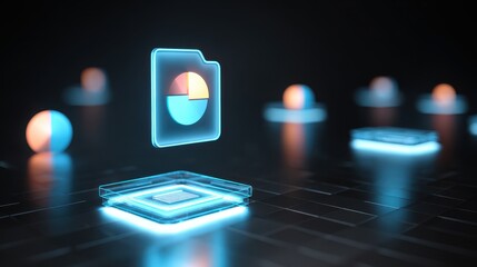 Aufkleber - Digital illustration of a glowing folder icon with a pie chart, surrounded by illuminated spheres in a futuristic setting.