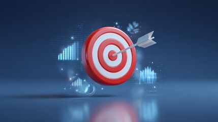 Aufkleber - A target symbol with an arrow, surrounded by digital charts and icons, representing success and goal achievement in a modern style.