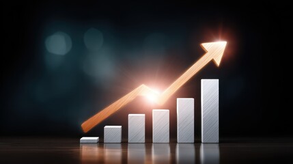  - Graphical representation of rising financial trends with bars and an upward arrow against a dark background.