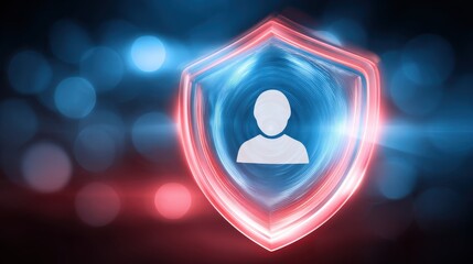 Poster - Digital shield with a fingerprint and user icon, symbolizing cybersecurity and identity protection, illuminated by colorful lights.