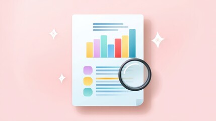 Aufkleber - A colorful report with charts and a magnifying glass on a pink background, symbolizing analysis and data evaluation.