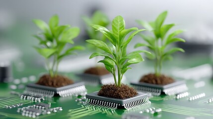 Poster - E waste management. Green plants growing on a circuit board, symbolizing technology and nature integration.