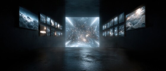 Poster - Futuristic smart tv display with dimensional portal and space imagery for digital design