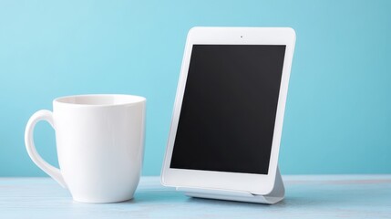 Fototapete - White mug and tablet on a light blue surface.