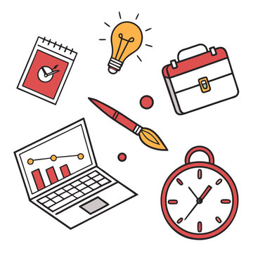 Illustration of a laptop with a chart, a lightbulb, clock, briefcase, brush, and calendar on a white background