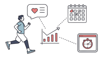 A cartoon illustration of a man running with associated symbols of health and scheduling app icons