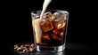 © Gibster - Coffee oat milk. A glass of iced coffee with cream pouring over ice, against a dark background.