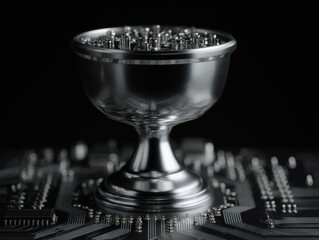 Poster - Monochrome trophy cup on computer chipboard representing innovation and technology
