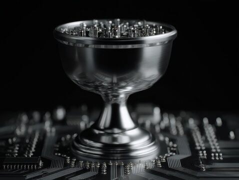 Monochrome trophy cup on computer chipboard representing innovation and technology