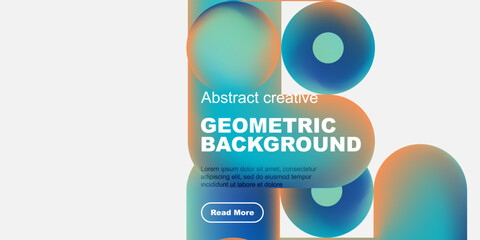 Poster - Abstract geometric background features vibrant colors, shapes, text, button. Modern design suitable for digital projects.