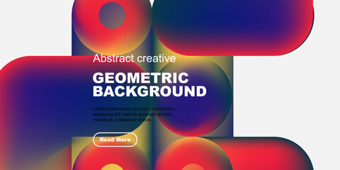 Fototapete - Abstract geometric design features vibrant colors, fluid shapes, text overlay, button. Modern aesthetic suitable for digital projects.