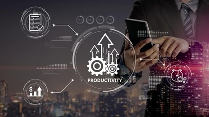 Poster - Productivity improvement in digital business, showing productivity tools, productivity tracking, productivity optimization, and workflow for business workplace efficiency. Muxer